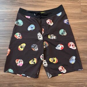 Vans Off The Wall Black Board Shorts With Colorful Skulls Men’s Swim Trunks sz32